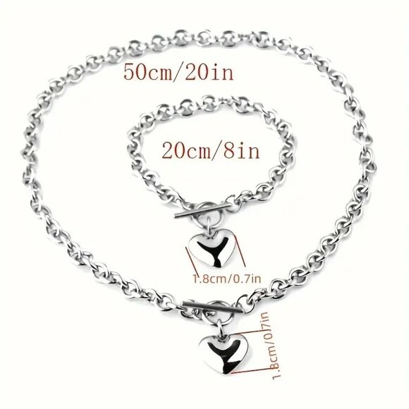 2pc Set Titanium Steel Heart Charm Necklace & Bracelet Set - O-Chain Jewelry - Picture 6 of 9